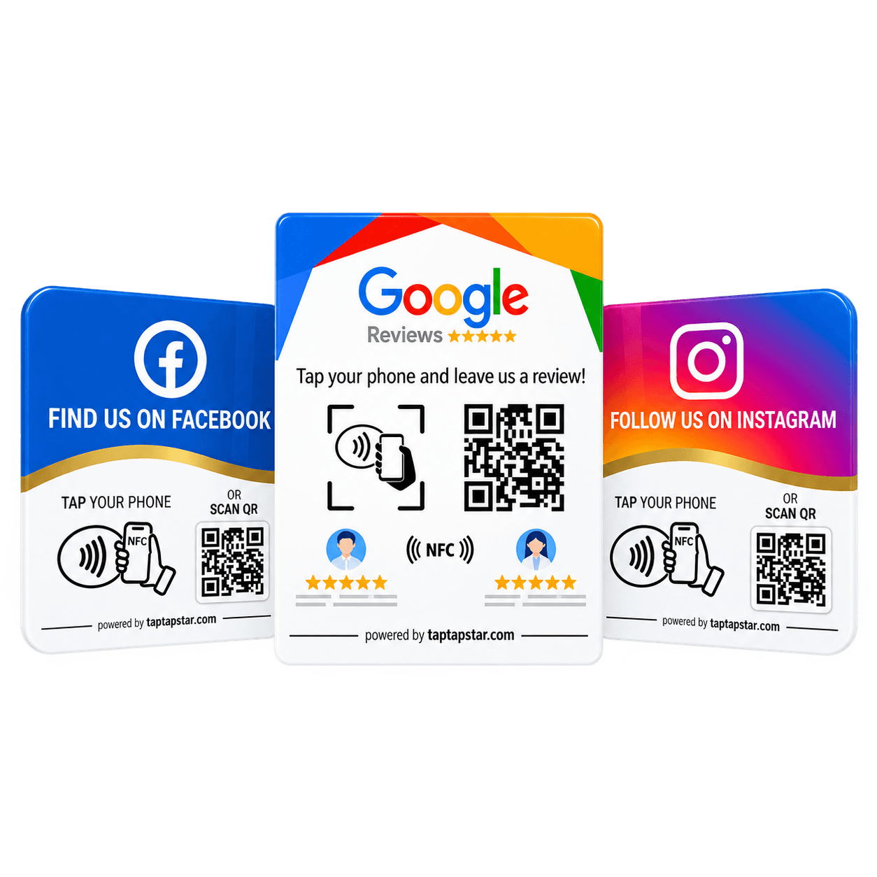 Physical NFC review cards, each linking straight to a Google review